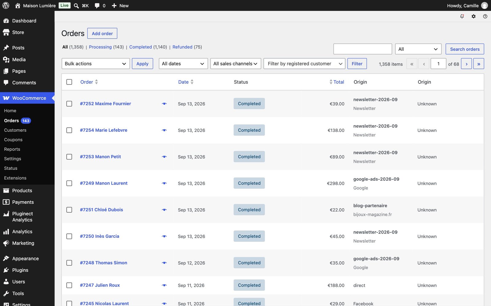 Orders list in the classic WordPress admin