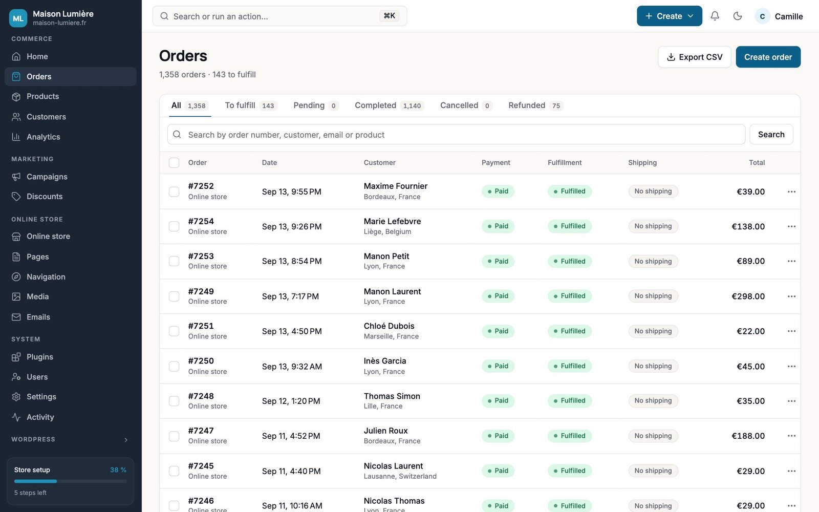 The same orders list in Store Admin