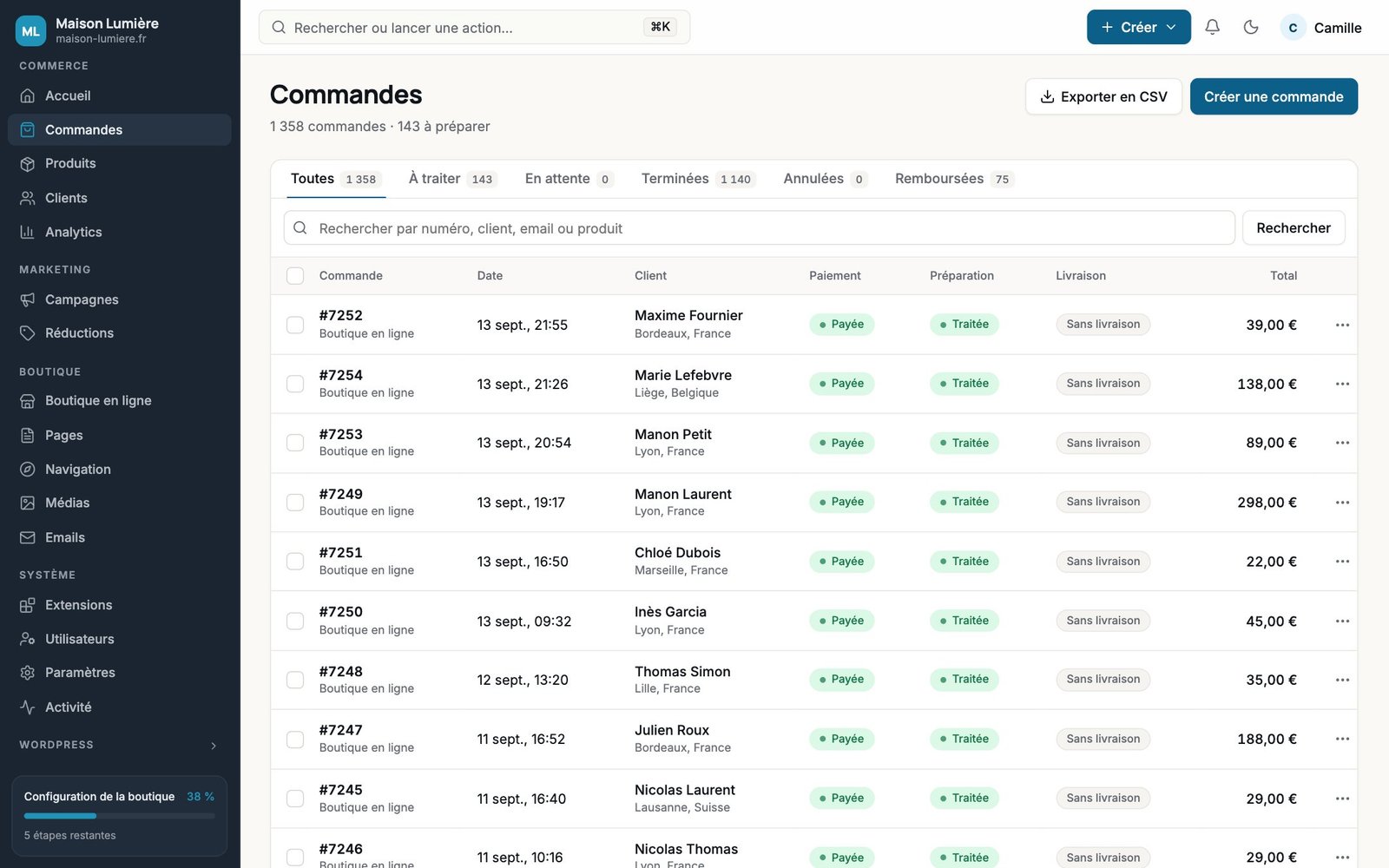 La même liste de commandes dans Store Admin