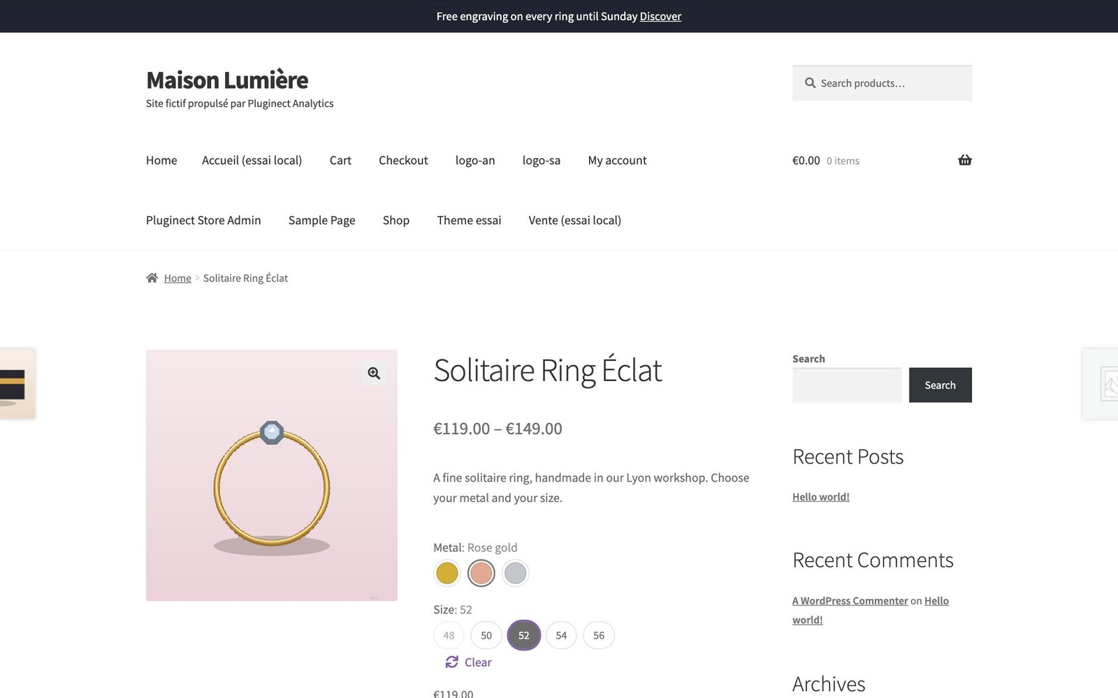 Product page with color and size swatches, and an announcement bar